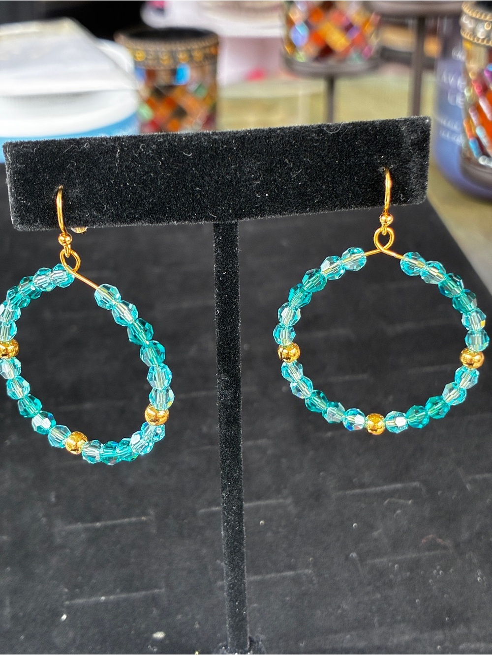 Handmade Teal Crystal Hoop Earrings with Gold Accents